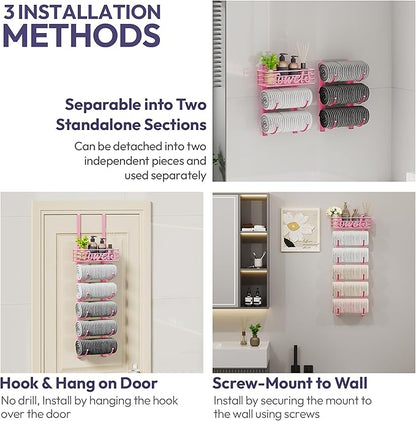 SWTYMIKI Hanging Towel Racks for Bathroom - 9 Tier Over The Door & Wall Mounted Bath Rolled Towel Storage Organizer Holder for Small Bathroom, RV, Camper (Pink, 6-Tier)