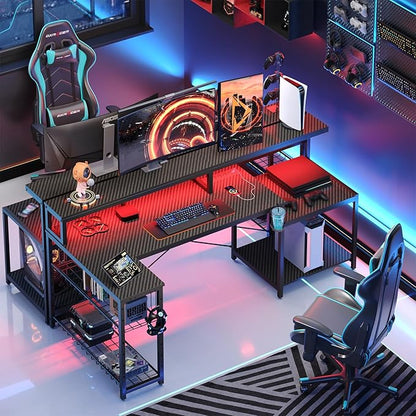 Bestier LED Gaming Desk with Power Outlets, 71 inch L Shaped Computer Desk with Monitor Stand, Large Desk with Printer Stand Adjustable Shelf, Cup Holder & Hooks, Home Office Desk Black