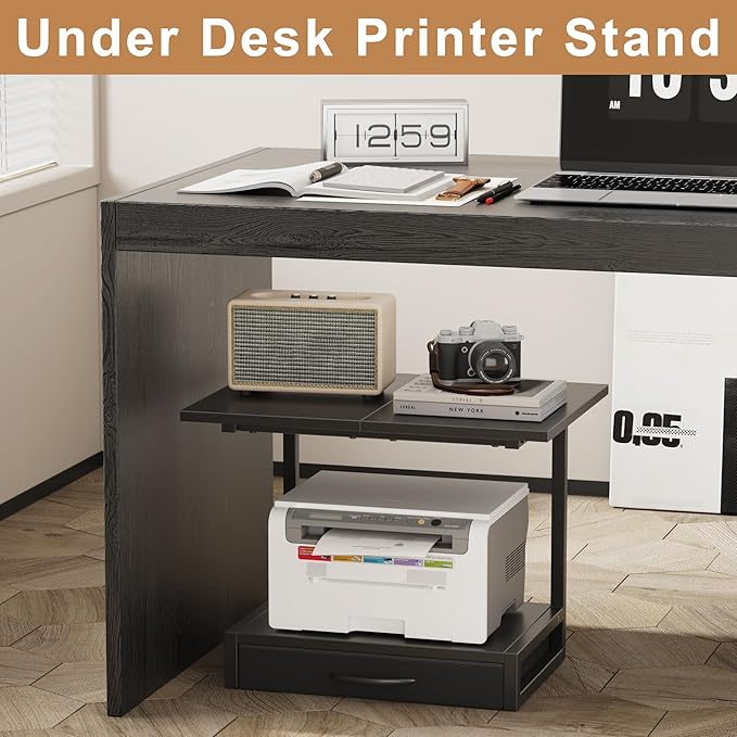 YAOHUOO 2-Tier Desktop Printer Stand with Fabric Drawer, Prtiner Table with Storage Shelf, Desk Organizer for Home Office,3D Printer,Fax Machine,Scanner, 19.6"x14.9" Black