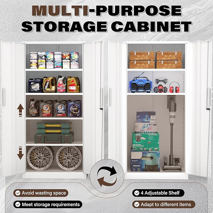 72” Metal Storage Cabinet, Lockable File Cabinets with 2 Doors and 4 Adjustable Shelves, Steel Tool Cabinets with Lock for Office, Home, Gym, White-Small