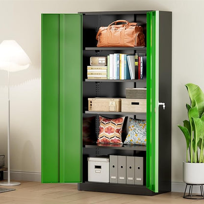 Greenvelly Metal Storage Cabinet with Doors and Shelves, 72" Inch Locking Metal Cabinet,Garage Storage Cabinet for Garage Office School Warehouse (Black Green)