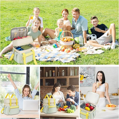 Insulated Lunch Bag & Lunch Box for Women - Double Deck Reusable Lunch Bag for men Tote Cooler Bag Leakproof Soft Expandable - Large Lunchbox for Work/Adult/Picnic/Outdoor (Green，15L)
