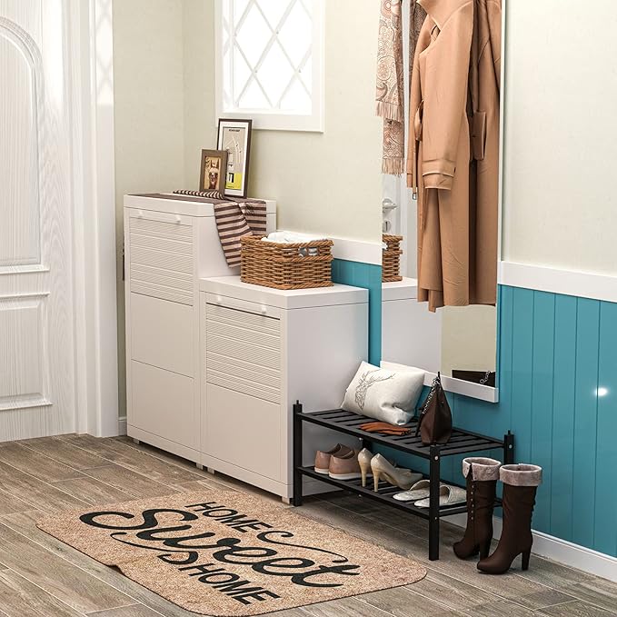Shoe Rack, 2-Tier Bamboo Stackable Shelf Storage Organizer, Stand for Closet, Entryway and Hallway （Black）