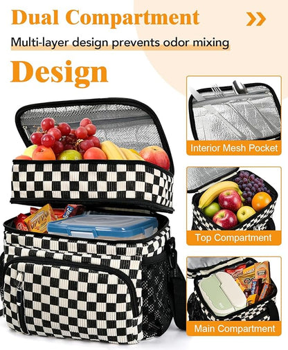 Insulated Lunch Bag for Women, Double Leakproof Lunch Box Soft Cooler Tote with 5 Pockets, 600D Oxford, EVA Lining, Adjustable Strap for Work, Picnic, Beach&Travel- Corduroy Black Checkered