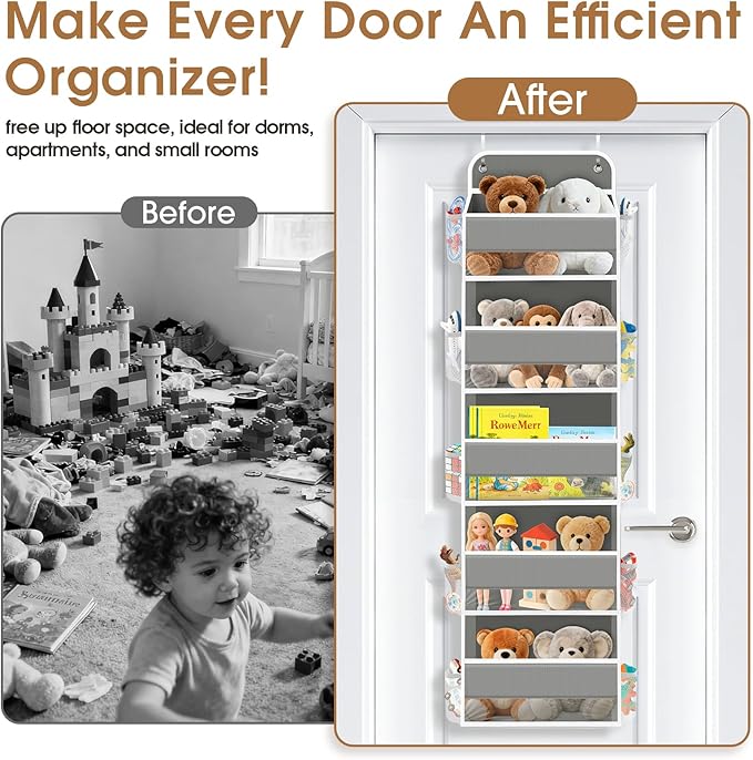 WISELIFE Over The Door Organizer Storage with 5 Large Pockets Door Hanging Organizer with Clear Windows Behind The Door Storage for Nursery Bedroom Bathroom Pantry Closet and Baby Essentials Grey