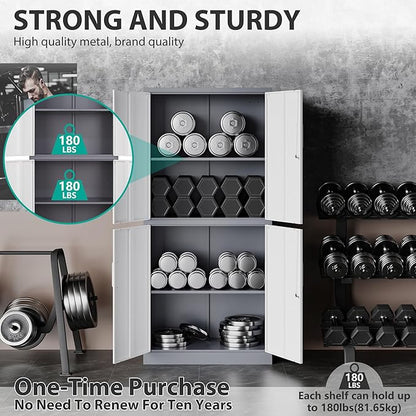 SISESOL Storage Cabinets With Doors And Shelves, 71'' Metal Garage Cabinet Locking, Adjustable Layers For Home Gym, bathroom, kitchen, office, Gray White