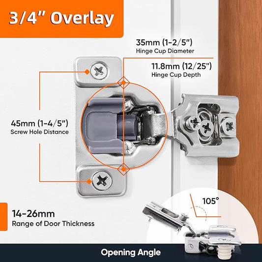 Decobasics 4 Pack Soft Close Cabinet Hinges – 3/4" Overlay for Kitchen Cabinet Doors, Face Frame Concealed Hidden Hinges – Stainless Steel, Self-Closing with 3-Way Adjustment & Slow Close Damper