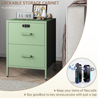 2 Drawer End Side Table with Lock Metal Nightstand, Lockable Storage Cabinet Kids Cabinet for Living Room, Bedroom, Dorm, 21.26”H X 15.75”W X 15.75”D (2 Drawer, Green)