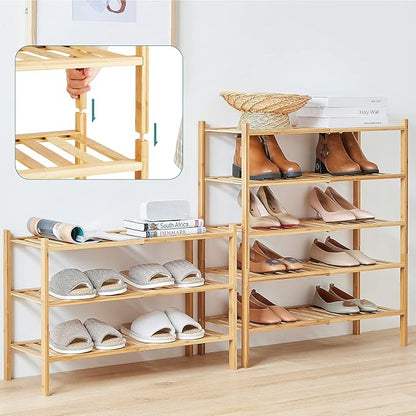 6-Tier Bamboo Shoe Rack for Entryway, Stackable | Foldable | Natural, Shoe Organizer for Hallway Closet, Free Standing Shoe Racks for Indoor Outdoor