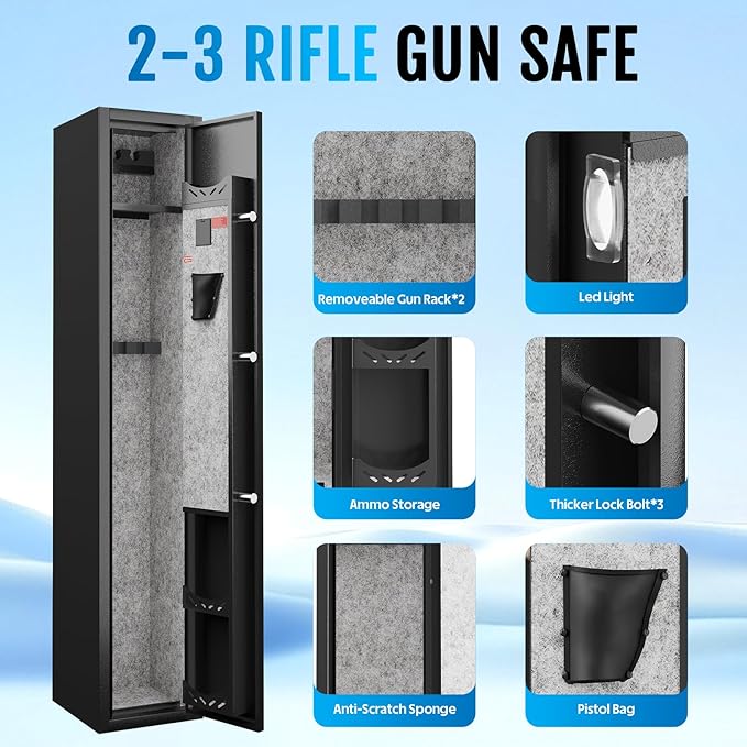 KAER 2-3 Gun Safe for Rifles and Pistols Guns Cabinet for Shotguns Quick Access Long Rifle Safes with Removable Rack LED Light Adjustable Shelves for Home Living Room Bedroom Closet Cloakroom (Black)