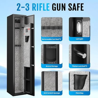 KAER 2-3 Gun Safe for Rifles and Pistols Guns Cabinet for Shotguns Quick Access Long Rifle Safes with Removable Rack LED Light Adjustable Shelves for Home Living Room Bedroom Closet Cloakroom (Black)