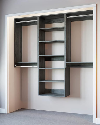 Modular Closets Vista Collection Closet Organizer System - 3 Piece Wall Mounted Kit with Hanging Rods & Shelves, Grey, Fits Closets 72” or wider