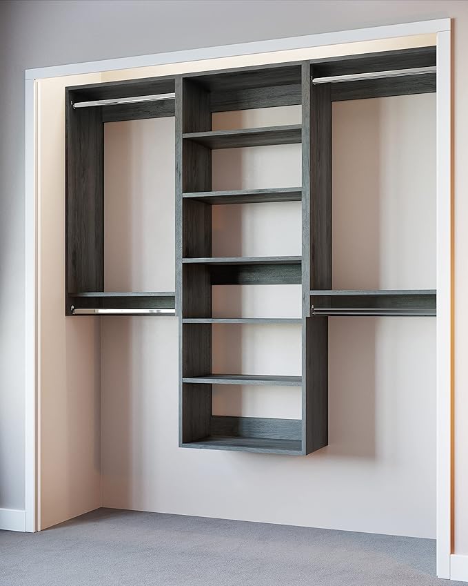 Modular Closets Vista Collection Closet Organizer System - 3 Piece Wall Mounted Kit with Hanging Rods & Shelves, Grey, Fits Closets 84” or wider