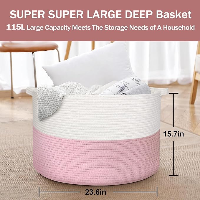 115L Pink Basket for Organizing, 23.6“x15.7" XXXL Blanket Storage for Living Room, Extra Large Toy Box, Soft Woven Cotton Rope Bin, Decorative Baby Nursery Basket, Girls Pink Room Decor
