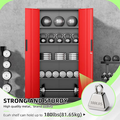 INTERGREAT Metal Storage Cabinet, 72" Locking Steel Cabinets with 2 Door and 4 Adjustable Shelves, Tall Metal Cabinet for Home Office, Garage, Warehouse,(Black+Red)