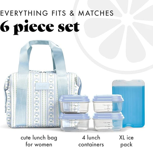 Fit & Fresh Neoprene Lunch Bag For Women, Insulated Womens Lunch Bag For Work, Tear & Stain Resistant Large Lunch Box For Women With Containers and Ice, Machine Washable Remi Bag, Blue Wallpaper Bows