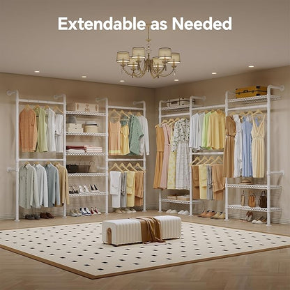 W3 Wall Mounted Closet System, Expandable Clothes Rack Heavy Duty Garment Rack Clothing Rack for Hanging Clothes, Industrial Pipe Closet Rack for Reach in Closet, White