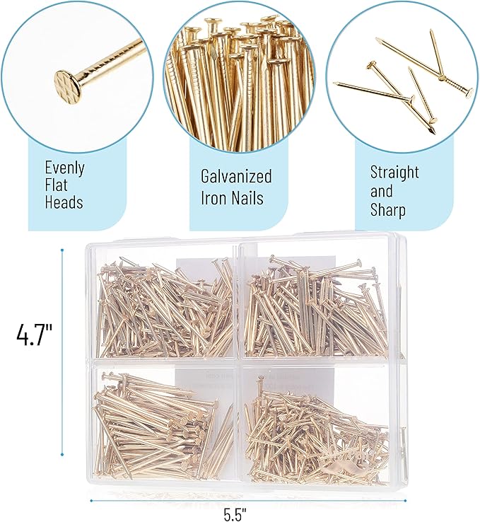 Mr. Pen- Nail Assortment Kit, 600 Pcs, 4 Sizes, Gold, Small Nails, Nails for Hanging Pictures, Finishing Nails, Wall Nails for Hanging, Pin Nails, Hardware Nails, Assorted Nails, Galvanized Nails