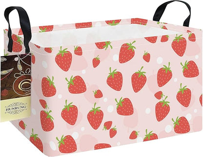HUNRUNG Rectangle Storage Basket Cute Canvas Organizer Bin for Pet/Children Toys, Books, Clothes Perfect for Rooms/Playroom(REC-Pink Strawberry)