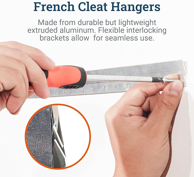 PHS - French Cleat Hanger 45 Inch - Heavy Duty Picture Hanging Hardware & Mirror Hanging Kit - Z Clip System Supports 225 lbs - Wall Cleat Complete Set with Anchors, Screws & Bumpers