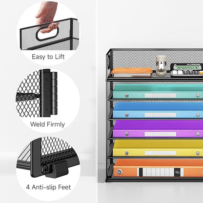 6 Tray Paper Organizer Letter Tray with Handle - Mesh Desk File Organizer, Paper Sorter Organizer for Office, Home or School File Folder Holder -Black