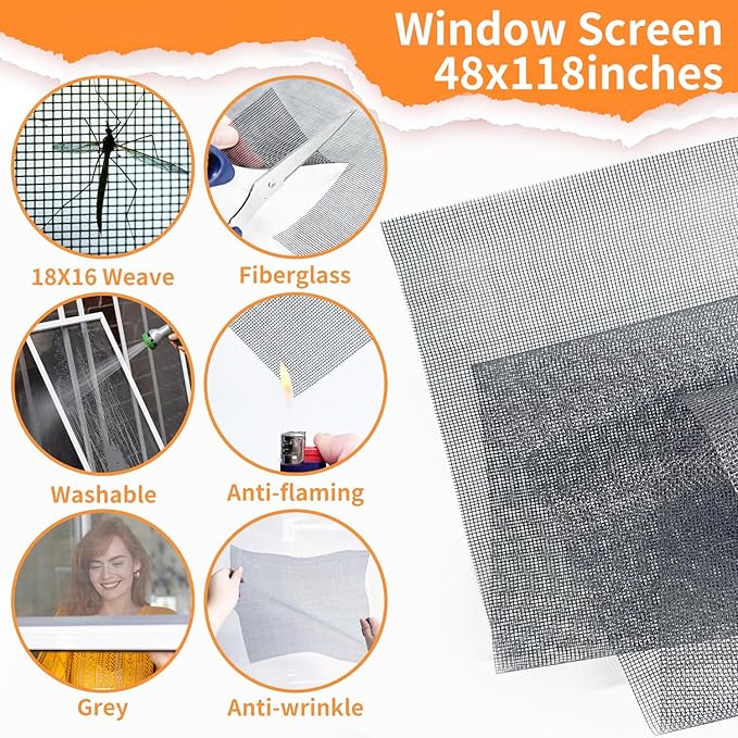 King&Charles Window Screen Door Repair/Replacement Kit, Include Gray Screen Mesh 48"x118"+ 2 Roller+50Ft Spline+8Clips+Hook, 6 in 1 Window Mesh Kit, Steel/Nylon Bearing Roller