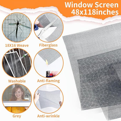 King&Charles Window Screen Door Repair/Replacement Kit, Include Gray Screen Mesh 48"x118"+ 2 Roller+50Ft Spline+8Clips+Hook, 6 in 1 Window Mesh Kit, Steel/Nylon Bearing Roller