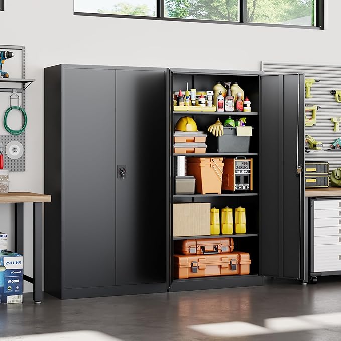 Yizosh Metal Garage Storage Cabinet with Lock Doors and 4 Shelves, -72" Steel Tool Cabinet for Garage,Heavy Duty File Cabinet for Office,School (Black)