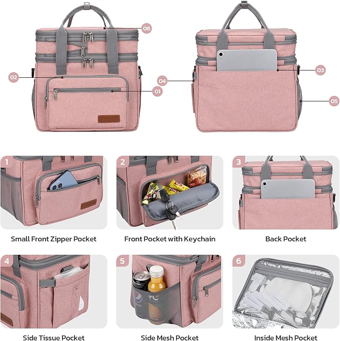 Maelstrom Lunch Bag Women,23L Insulated Lunch Box For Men Women,Expandable Double Deck Lunch Cooler Bag,Lightweight Leakproof Lunch Tote Bag With Side Tissue Pocket,Pink