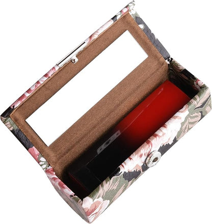 Beautyflier Women’s PU Leather Lipstick Case Holder with Mirror Rectanglet Makeup Travel Cases for Purse Lipstick Holder (Black Flower)