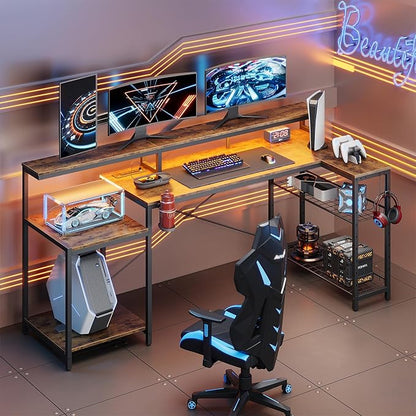 Bestier 71.5 inch Computer Desk with Power Outlets, LED Large Home Office Desk with Monitor Stand, L Shaped Corner Desk with Printer Stand Adjustable Shelf, Cup Holder & Headset Hooks, Brown