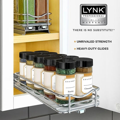 LYNK PROFESSIONAL® Pull Out Spice Rack Organizer for Inside Kitchen Cabinets - 4-3/8 inch Wide - Slide Out Drawer – Chrome Sliding Spice Organization for cabinet - Spice Racks - 1 Tier