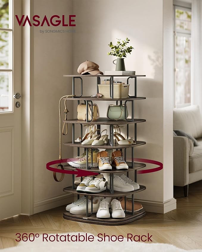 VASAGLE 7-Tier Shoe Rack, Rotating Shoe Rack Tower, Shoe Closet Organizer, Shoe Shelf, 28-35 Pairs, 23.6 x 23.6 x 47.2 Inches, for Entryway, Living Room, Closet, Ink Black and Ash Brown ULBS041B01