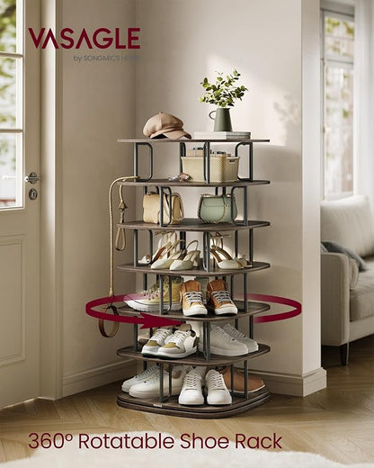 VASAGLE 7-Tier Shoe Rack, Rotating Shoe Rack Tower, Shoe Closet Organizer, Shoe Shelf, 28-35 Pairs, 23.6 x 23.6 x 47.2 Inches, for Entryway, Living Room, Closet, Ink Black and Ash Brown ULBS041B01