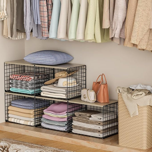 Extra-Long Closet Organizers and Storage with Top Board, 3 Pack Stackable Closet Shelf Organizer, Double Storage Design Clothes Storage Cube/Bin Organizer for Wardrobe,Space-Saving, Black,Sturdy,Metal