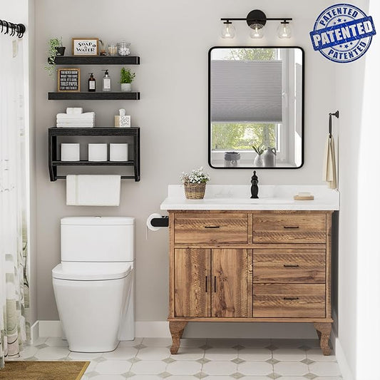 QEEIG Bathroom Floating Shelves for Wall - Shelf Over Toilet Paper Storage Farmhouse 16 inch Set of 3, Black (028-40B3)
