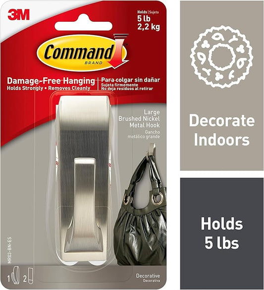 Command Large Modern Reflections Metal Hook, Brushed Nickel, 1-Hook, 2-Strips, Decorate Damage-Free