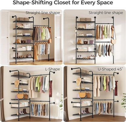 Closet Organizers and Storage, 2-Row Heavy Duty Garment Rack Clothes Rack for Hanging Clothes, Wall Mounted Closet System with 2 Telescopic Rods, 3 Hooks, 6 Shelves for Wardrobe, Bedroom, Small Space