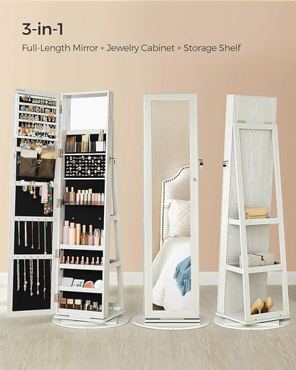SONGMICS 360° Swivel Jewelry Cabinet, Lockable Jewelry Organizer with Full-Length Mirror, Rear Storage Shelves, Interior Mirror, Jewelry Armoire, Gift Idea, White with Gray Wood Grain UJJC006W01
