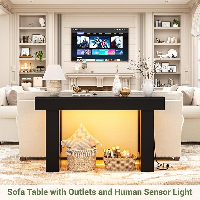 Unikito 47" Entryway Table with Socket and Sensor Light, Narrow Console Table with Storage Behind Couch, Farmhouse Entry Way Tables with Open Storage for Entrance/Hallway/Living Room, Black