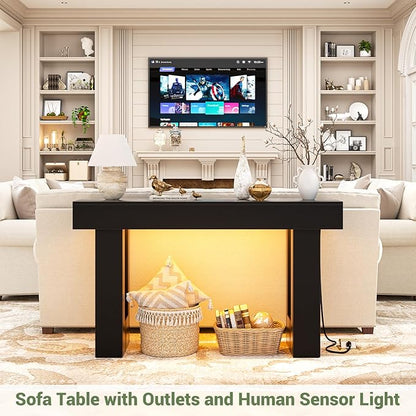 Unikito 47" Entryway Table with Socket and Sensor Light, Narrow Console Table with Storage Behind Couch, Farmhouse Entry Way Tables with Open Storage for Entrance/Hallway/Living Room, Black
