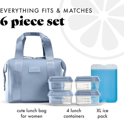 Fit & Fresh Remi Neoprene Lunch Bag For Women - Meal Prep Kit with Containers & XL Ice Pack, Self Insulating Neoprene-like Material, Machine Washable Lunch Bag, Tear-Resistant, Stain-Resistant, Slate
