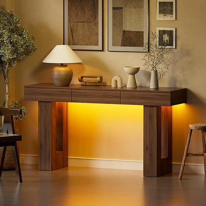 PAKASEPT 63-Inch Long Console Table with Colorful LED Lights and 3 Drawers, Wooden Rectangular Sofa Table Behind The Couch, Farmhouse Entryway Table for Entrance, Hallway, Living Room
