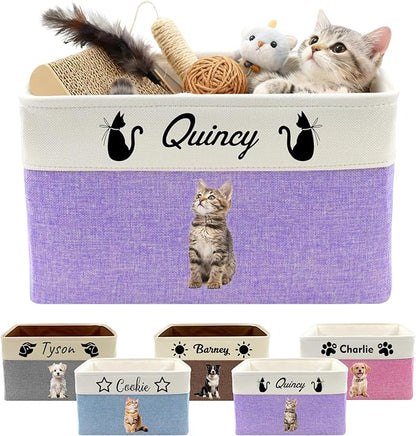 Personalized Dog Toy Basket with Name Photo Custom Dog Food Storage Bins Collapsible Organizer for Toys Dolls Clothing-Purple