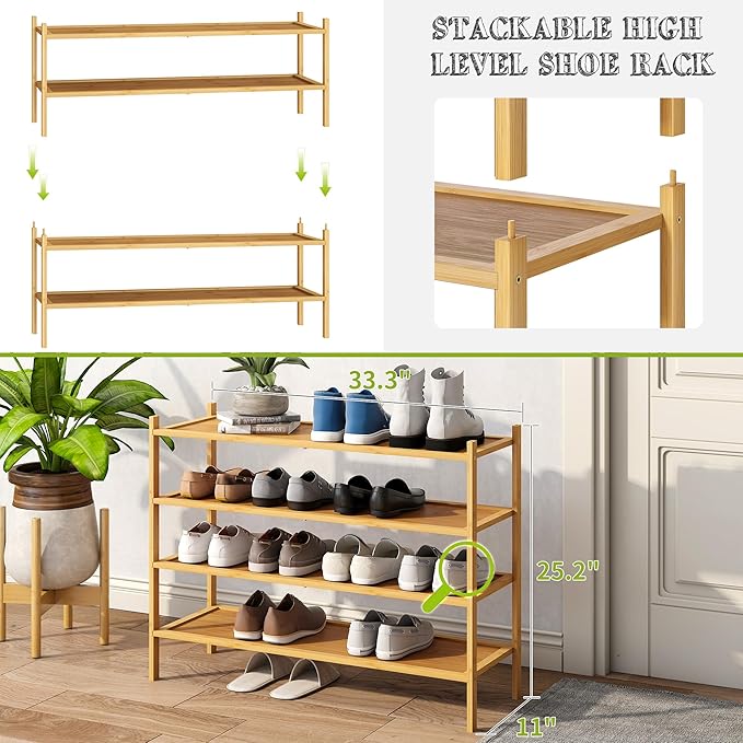BMOSU 4-Tier Bamboo Extended Shoe Rack Premium Stackable Shoe Shelf Storage Organizer for Hallway Closet Living Room Entryway Organizer(Natural)