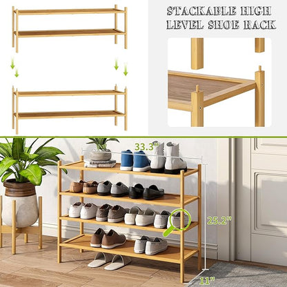 BMOSU 4-Tier Bamboo Extended Shoe Rack Premium Stackable Shoe Shelf Storage Organizer for Hallway Closet Living Room Entryway Organizer(Natural)