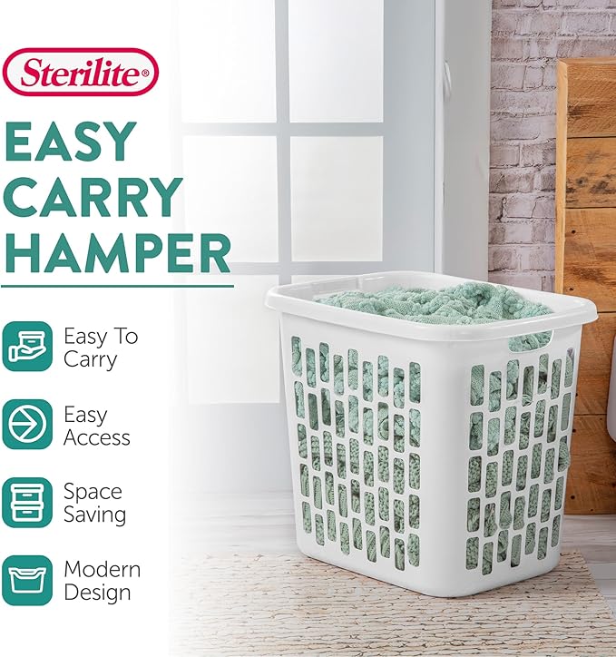 Sterilite Easy Carry Laundry Hamper, Ventilation Holes and Handles to Carry Clothes Between the Laundry Room and Bedroom, Plastic, White, 4-Pack