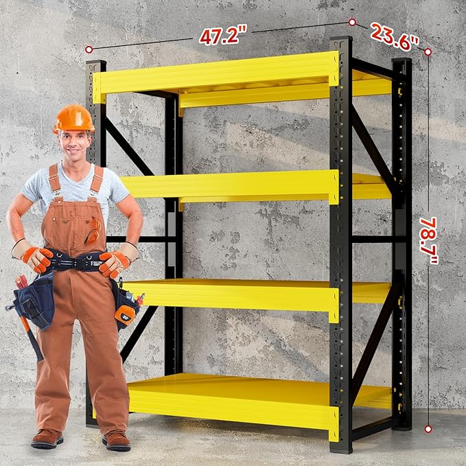 48" W Garage Storage Shelves, 3000LBS Garage Shelving Heavy Duty Adjustable Shelving Unit, 4 Tier Metal Utitly Shelves Industrial Shelving for Warehouses,Basement,Black Yellow