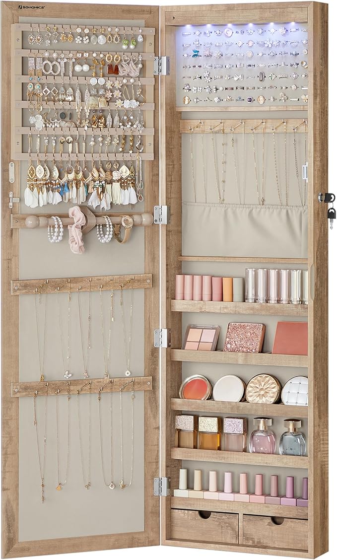 SONGMICS 6 LEDs Mirror Jewelry Cabinet, 47.2-Inch Tall Lockable Wall or Door Mounted Jewelry Armoire Organizer with Mirror, 2 Drawers, 3.9 x 14.6 x 47.2 Inches, Toasted Oak Color UJJC093N01