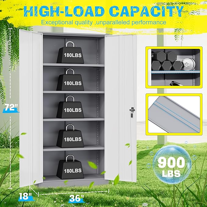 Pataku Metal Storage Cabinet, 72" Garage Cabinet with Doors and Shelves Lockable Steel Multifunctional Cabinets, File Cabinets for Home, Office, Garage, Warehouse(White Grey)